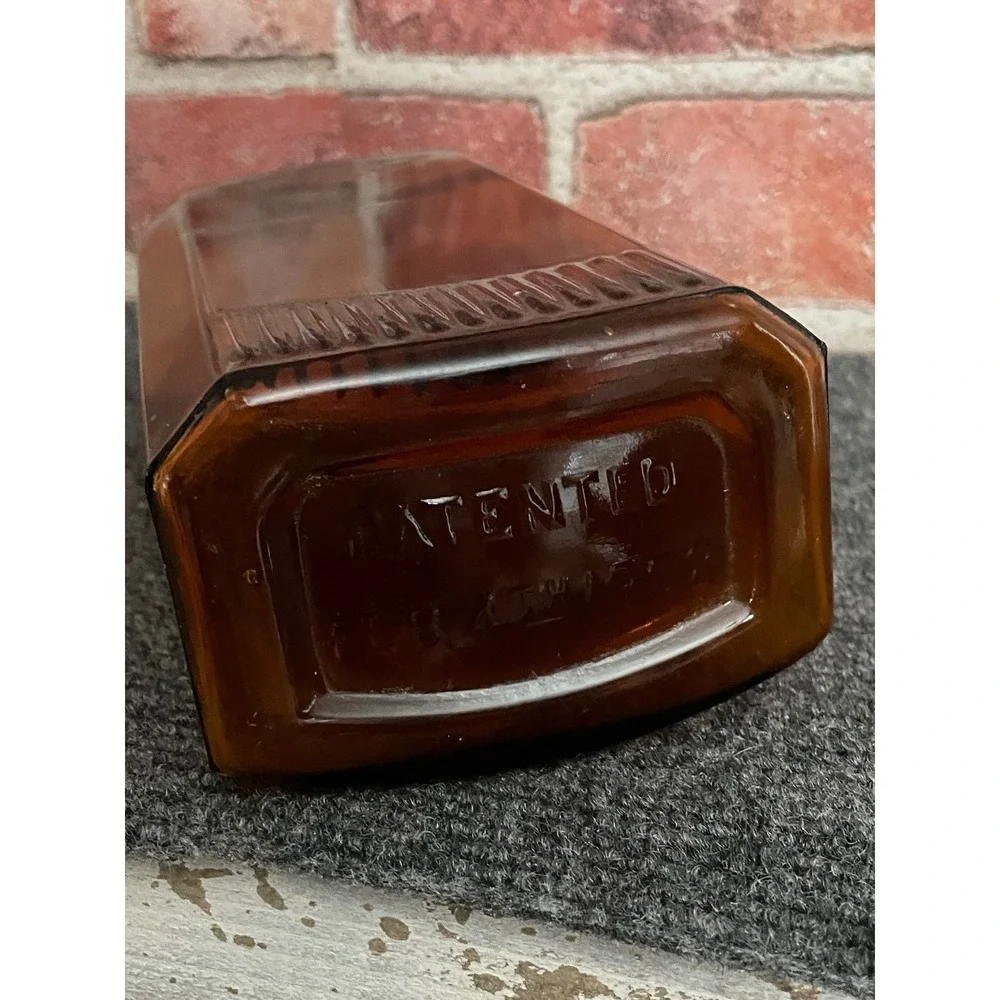 Antique Amber Glass Bottle Patented 1902 TS Monogram Embossed Apothecary Brown